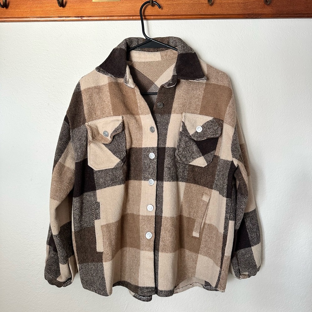 Plaid Button-Up Shacket in Tan and Brown
